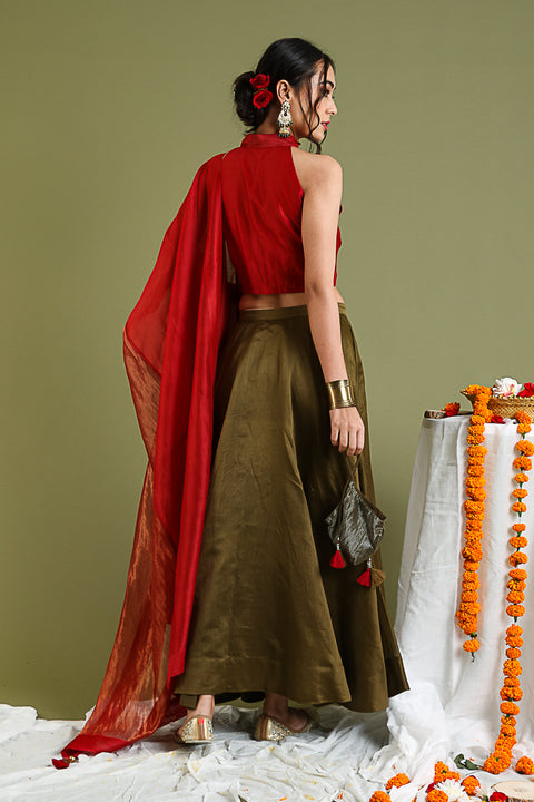Handcrafted Pure Coord Set- Red Halter Neck Top, Flared Skirt In Tobacco Brown With Red & Gold Stripe Dupatta In Chanderi Hand Loom (Set Of 3) - By Vinusto