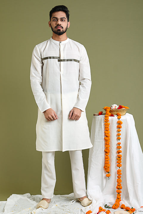 Shop Chanderi Tissue Shirt Kurta & Jacket in Silver Stripes with Lavender & White Cotton Pants | Vinusto