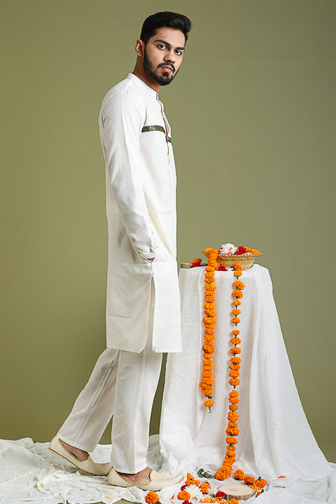 Buy Chanderi Tissue Shirt Kurta & Jacket in Silver Stripes with Lavender & White Cotton Pants | Vinusto