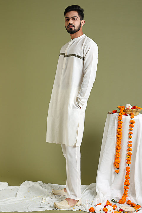 Luxury Chanderi Tissue Shirt Kurta & Jacket in Silver Stripes with Lavender & White Cotton Pants | Vinusto
