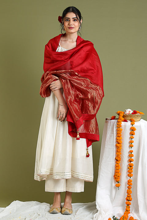 Luxury Off-White Anarkali Kurta in Chanderi Handloom with Red & Gold Stripe Dupatta - Set of 3 | Vinusto

