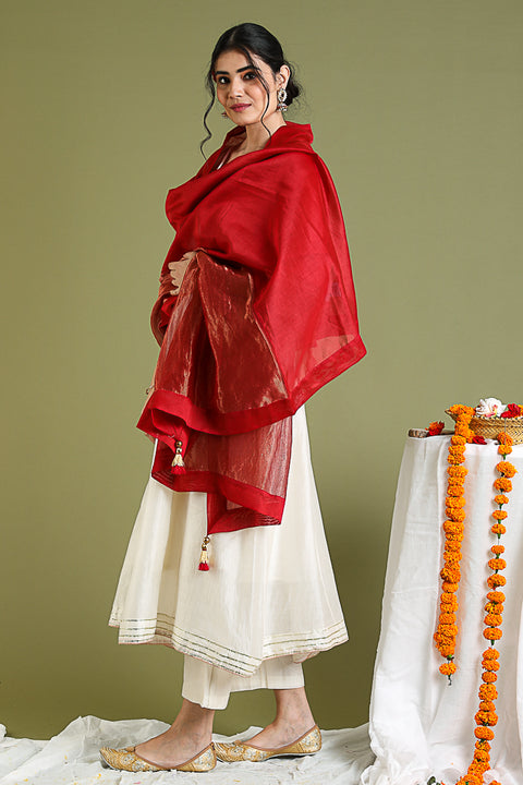 Ivory Anarkali Kurta & Pants in Chanderi Hand loom, with Red & Gold Stripe Dupatta (Set of 3)