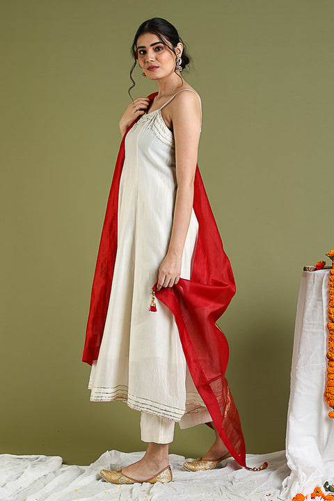 Buy Ivory Anarkali Kurta & Pants in Chanderi Hand loom - By Vinusto