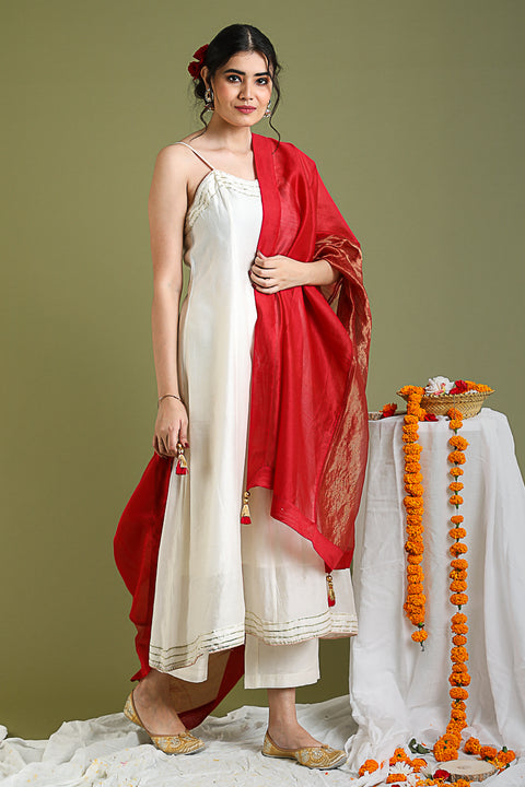 Order Ivory Anarkali Kurta & Pants in Chanderi Hand loom - By Vinusto