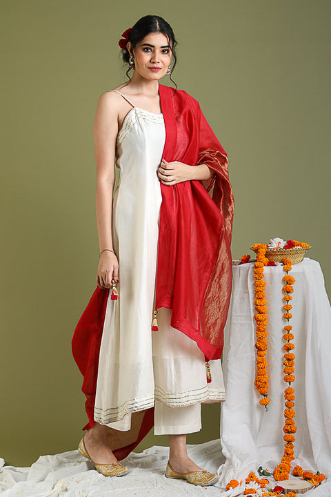 Ivory Anarkali Kurta & Pants in Chanderi Hand loom,