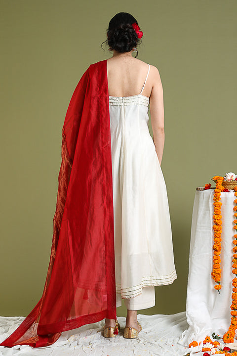 Premium Ivory Anarkali Kurta & Pants in Chanderi Hand loom - By Vinusto