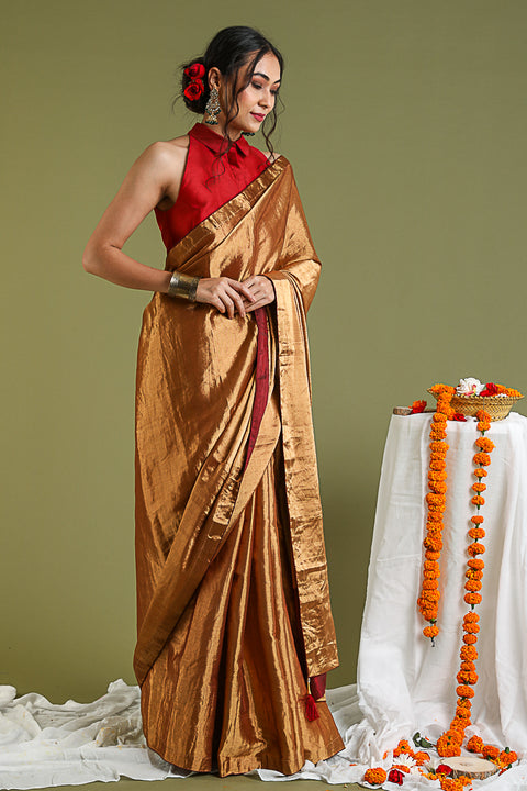 Luxury Handcrafted Gold & Maroon Zari Saree – Timeless Elegance


