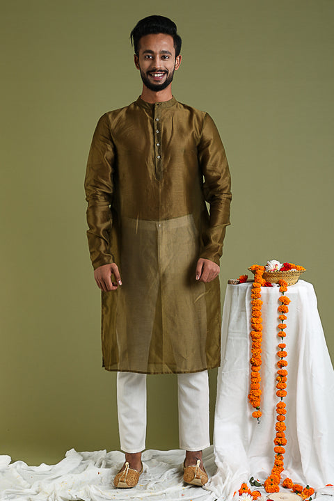 Luxury Silk Kurta in Tobacco Brown Chanderi Handloom | Vinusto