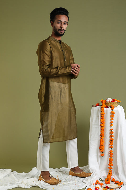 Shop Chanderi Handloom Silk Kurta & Cotton Pants in Tobacco Brown & White | Vinusto