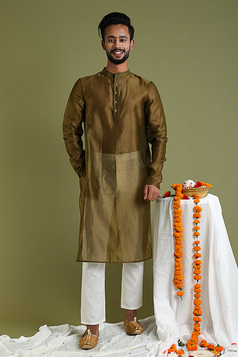 Chanderi Handloom Silk  Kurta & Cotton Pants in Tobacco Brown & White