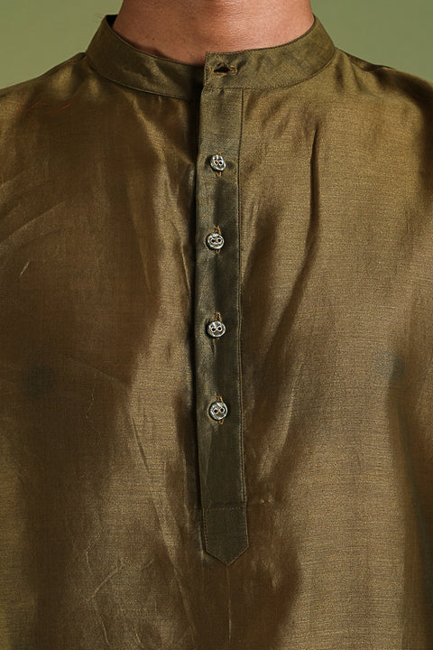 Chanderi Handloom Silk  Kurta & Cotton Pants in Tobacco Brown & White