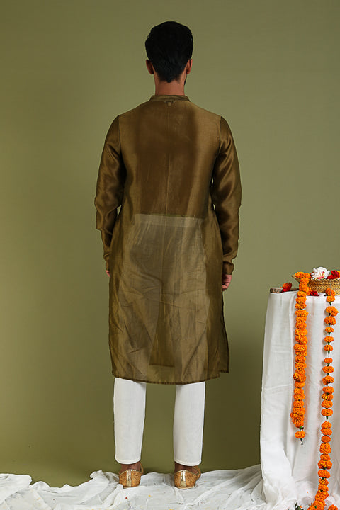 Luxury Chanderi Handloom Silk Kurta & Cotton Pants in Tobacco Brown & White | Vinusto
