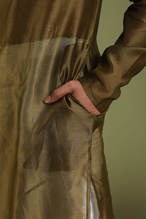 Premium Chanderi Handloom Silk Kurta & Cotton Pants in Tobacco Brown & White | Vinusto