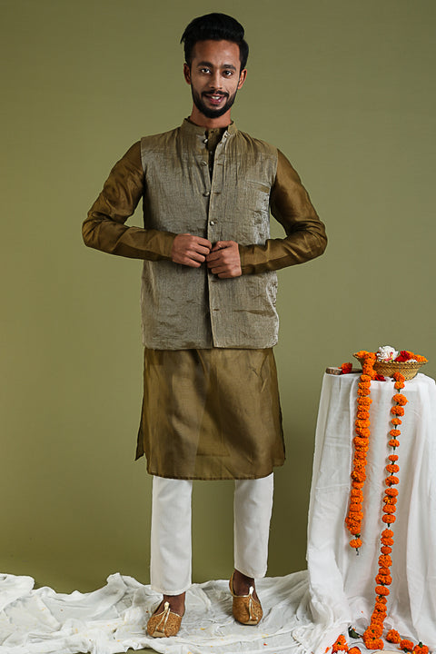 Shop Chanderi Handloom Silk Kurta, Tissue Jacket & Cotton Pants in Tobacco Brown & White | Vinusto