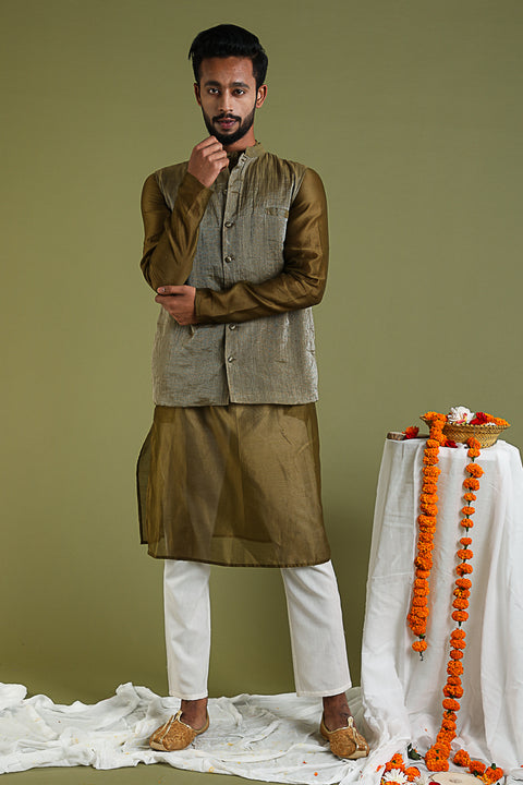 Order Chanderi Handloom Silk Kurta, Tissue Jacket & Cotton Pants in Tobacco Brown & White | Vinusto