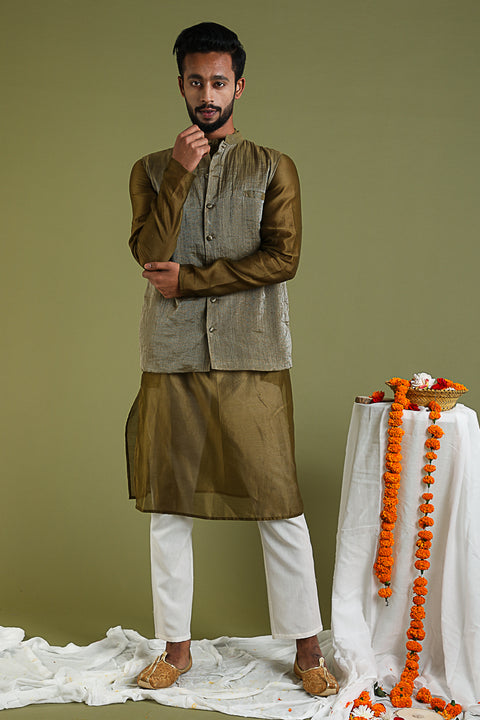 Chanderi Handloom Silk Kurta, Tissue Jacket & Cotton Pants in Tobacco Brown & White