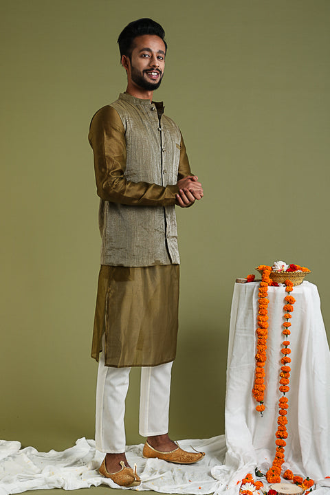 Buy Chanderi Handloom Silk Kurta, Tissue Jacket & Cotton Pants in Tobacco Brown & White | Vinusto