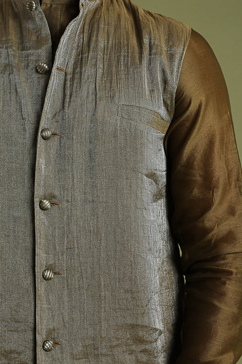 Luxury Chanderi Handloom Silk Kurta, Tissue Jacket & Cotton Pants in Tobacco Brown & White | Vinusto