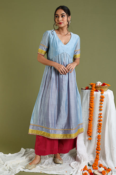 Shop Flared Chanderi Kurta in Powder Blue & Palazzo in Fuchsia (Set of 2)  By Vinusto 