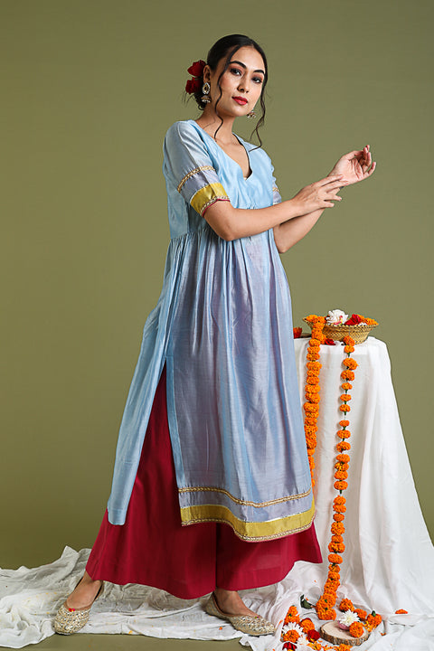 Buy Flared Chanderi Kurta in Powder Blue & Palazzo in Fuchsia (Set of 2)  By Vinusto 