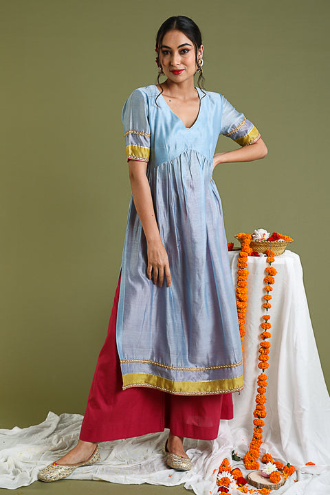 Order Flared Chanderi Kurta in Powder Blue & Palazzo in Fuchsia (Set of 2)  By Vinusto 