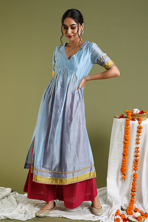 Premium Flared Chanderi Kurta in Powder Blue & Palazzo in Fuchsia (Set of 2)  By Vinusto 