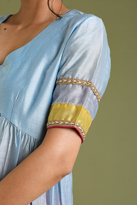 Luxury Flared Chanderi Kurta in Powder Blue & Palazzo in Fuchsia (Set of 2)  By Vinusto 