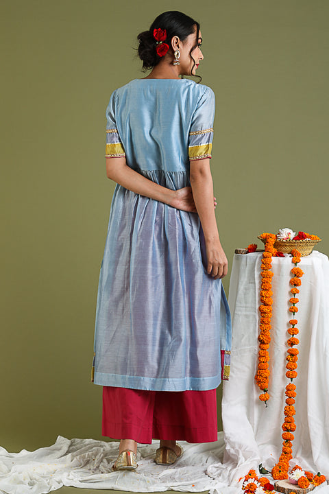 Handcrafted Flared Chanderi Kurta in Powder Blue & Palazzo in Fuchsia (Set of 2)  By Vinusto 