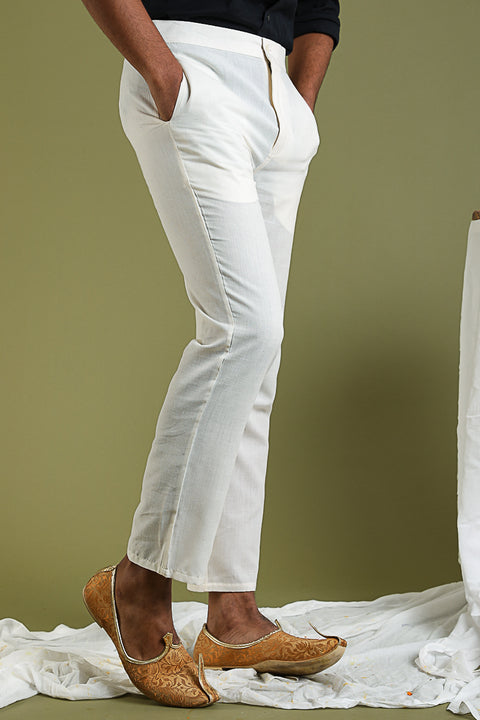 Chanderi Handloom Silk  Kurta & Cotton Pants in Tobacco Brown & White