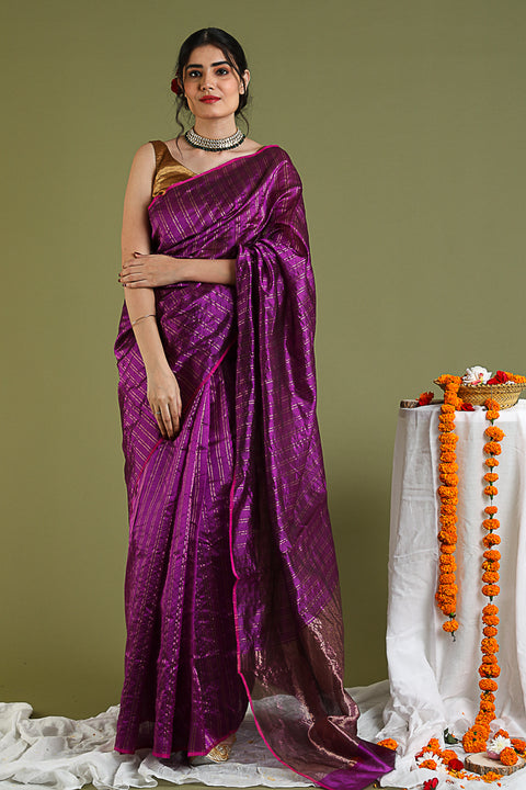 Shop Deep Purple Chanderi Handloom Silk Saree - Vinusto

