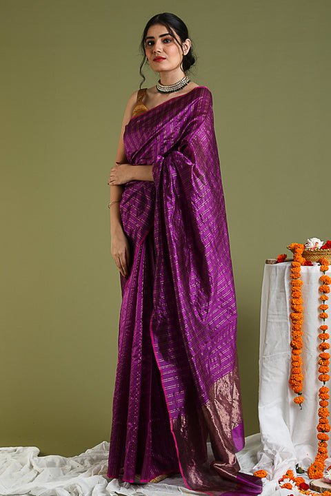 Buy Deep Purple Chanderi Handloom Silk Saree - Vinusto

