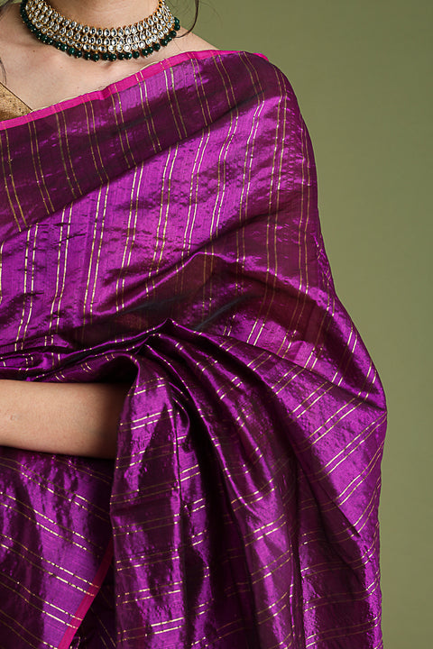 Chanderi Hand Loom Silk Saree In Deep Purple