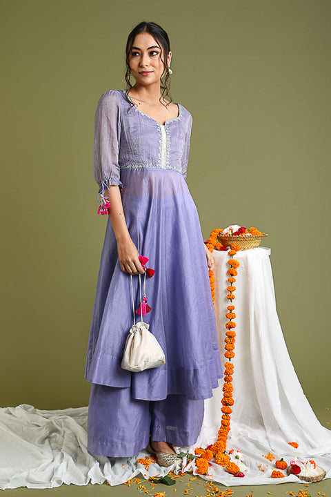 Buy Lavender Embroidered Anarkali & Palazzo in Chanderi Handloom | Vinusto

