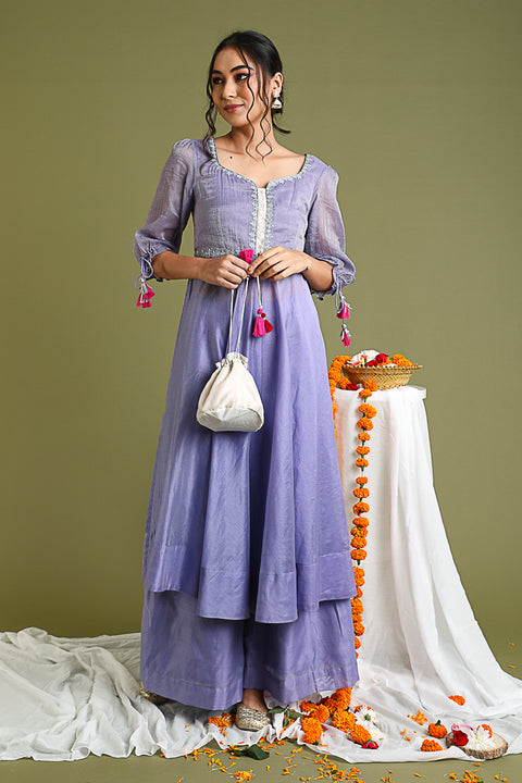 Shop Lavender Embroidered Anarkali In Chanderi Hand Loom - By Vinusto 