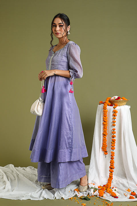 Designer Lavender Embroidered Anarkali In Chanderi Hand Loom - By Vinusto 