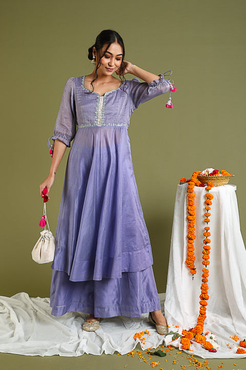 Buy Lavender Embroidered Anarkali In Chanderi Hand Loom - By Vinusto 