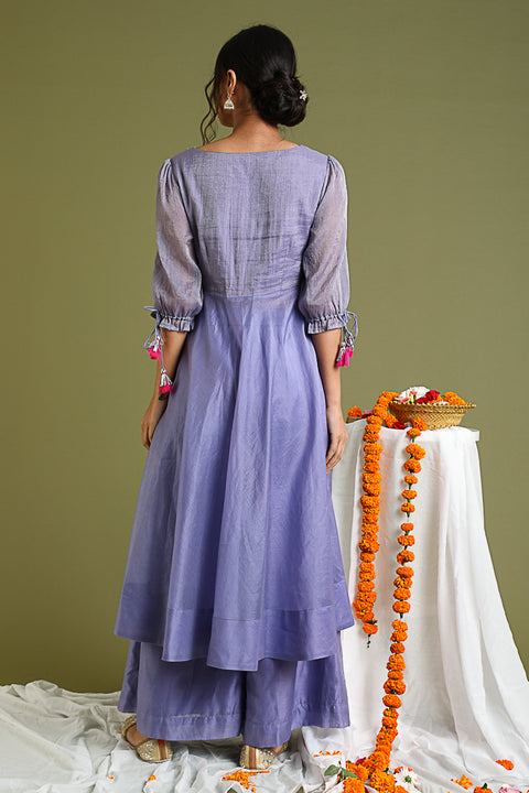 Handcrafted Lavender Embroidered Anarkali In Chanderi Hand Loom - By Vinusto 