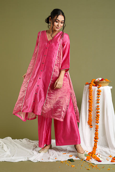 Shop Kalidar Chanderi Handloom Kurta & Palazzo in Pink Gold Stripes | Vinusto

