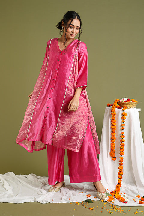 Kalidar Chanderi Hand loom Kurta & Palazzo in Pink & Gold Stripes (Set of 3)