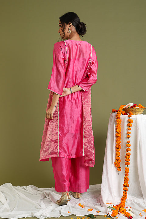 Handcraft Kalidar Chanderi Handloom Kurta & Palazzo in Pink Gold Stripes | Vinusto

