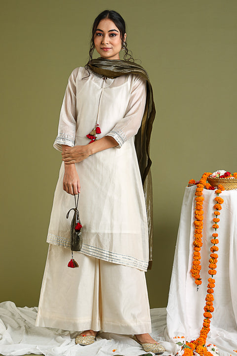 Order Chanderi Hand loom Asymmetrical Kurta, Flared Palazzo in Ivory with Tobacco Brown & Silver Stripe Dupatta (Set of 4) - By Vinusto