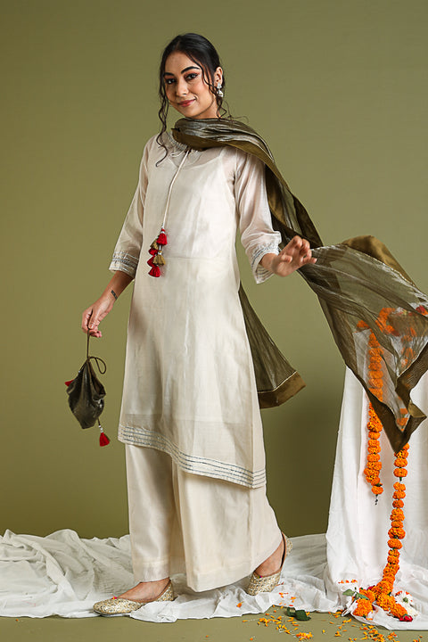Order Handcrafted Tobacco Brown Dupatta with Silver Stripe Weave | Vinusto