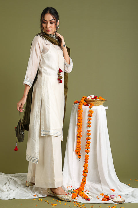 Ivory Chanderi Hand loom Asymmetrical Kurta, with Tabacco Brown & Silver Stripe Dupatta