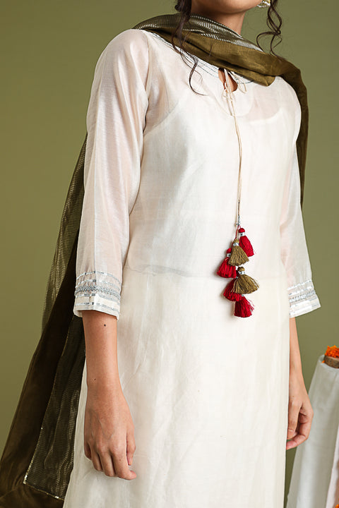 Ivory Chanderi Hand loom Asymmetrical Kurta, with Tabacco Brown & Silver Stripe Dupatta