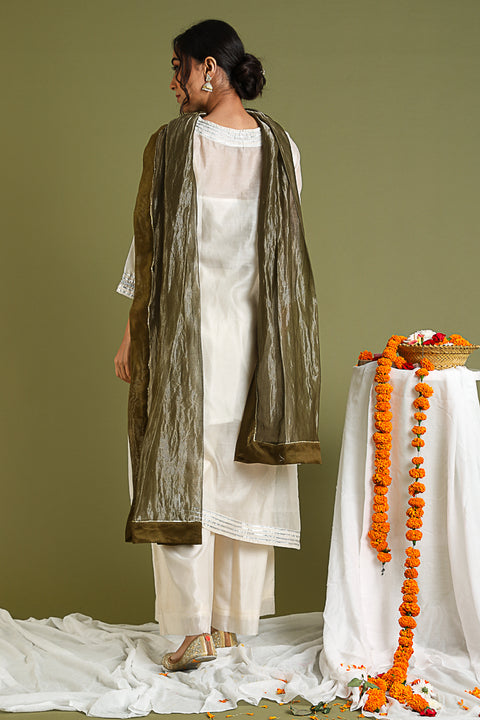 Buy Handcrafted Tobacco Brown Dupatta with Silver Stripe Weave | Vinusto