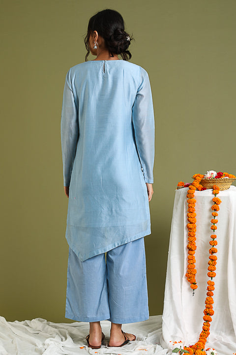 Handcrafted Pale Blue Embroidered Kurta & Pants in Chanderi Hand Loom (Set of 2) - By Vinusto 