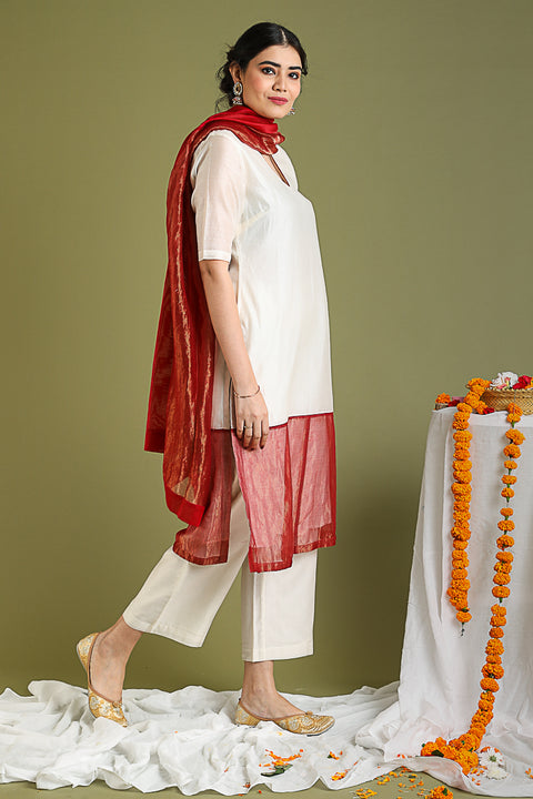 Chanderi Hand loom Kurta & Gold Stripe Dupatta in Ivory & Red (Set of 2)