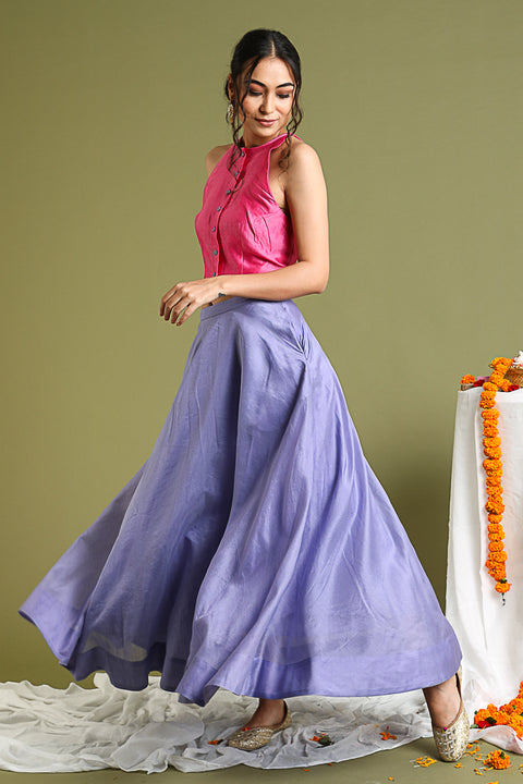 Buy Coord Set- Pink Halter Neck Top, With Lavender Flared Skirt And Pink & Gold Stripe Scarf In Chanderi Hand Loom (Set Of 3) - By Vinusto