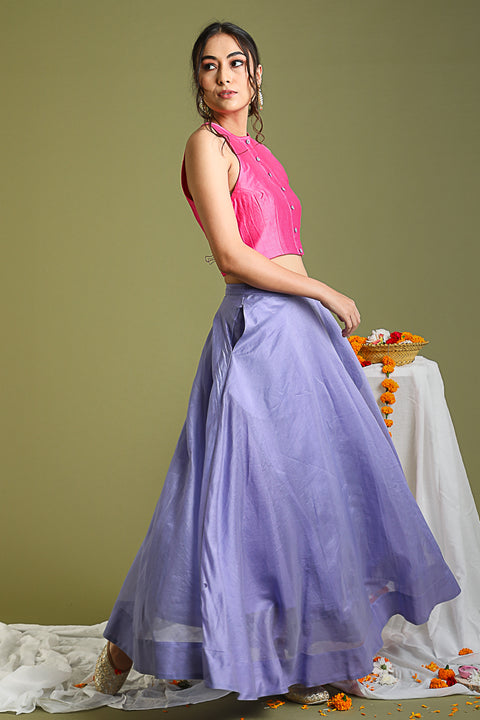 Designer Coord Set- Pink Halter Neck Top, With Lavender Flared Skirt And Pink & Gold Stripe Scarf In Chanderi Hand Loom (Set Of 3) - By Vinusto