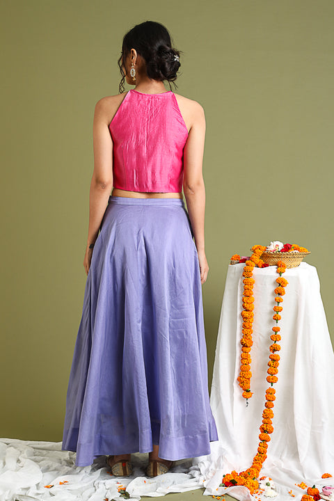 Pure- Luxury Coord Set- Pink Halter Neck Top, With Lavender Flared Skirt And Pink & Gold Stripe Scarf In Chanderi Hand Loom (Set Of 3) - By Vinusto